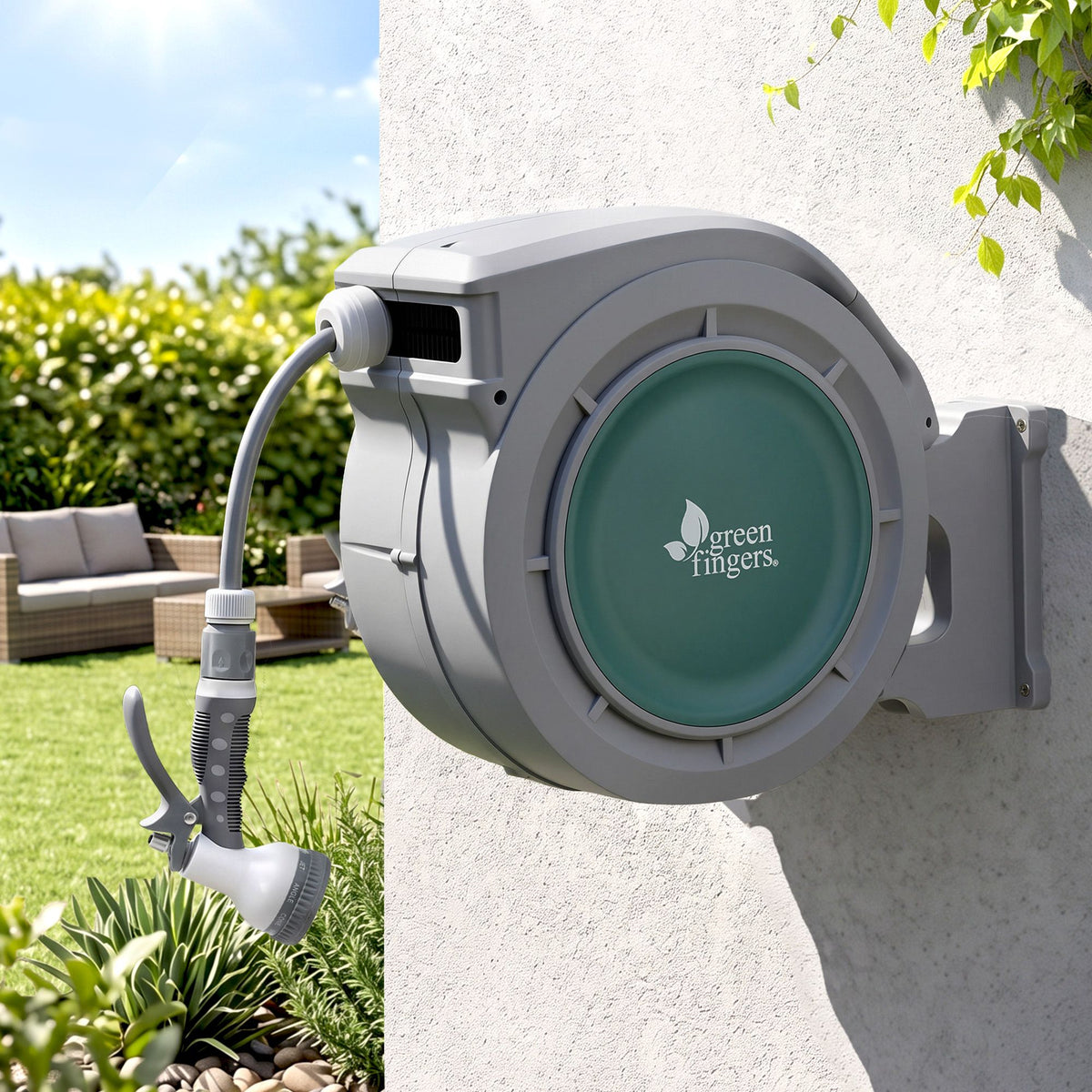 Green Fingers 10m Retractable Water Hose Reel, Wall Mounted Garden Hose 9-Pattern Nozzle Awezingly