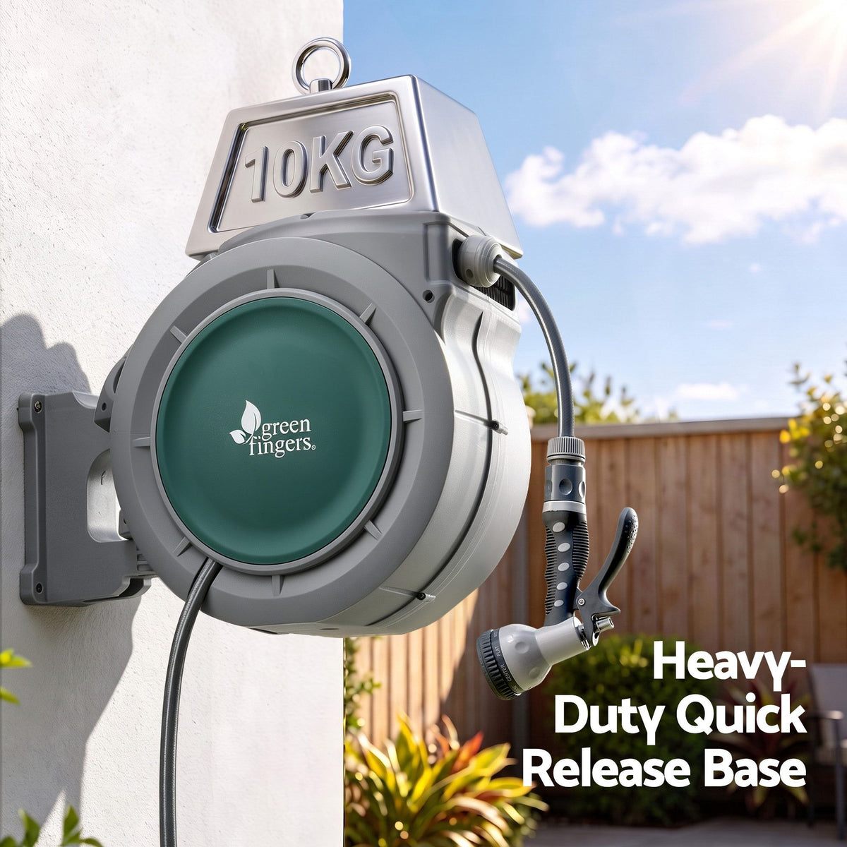 Green Fingers 10m Retractable Water Hose Reel, Wall Mounted Garden Hose 9-Pattern Nozzle Awezingly