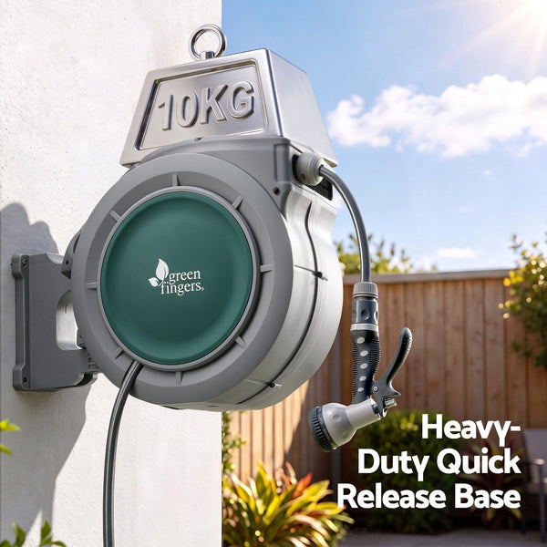 Green Fingers 10m Retractable Water Hose Reel, Wall Mounted Garden Hose 9-Pattern Nozzle Awezingly