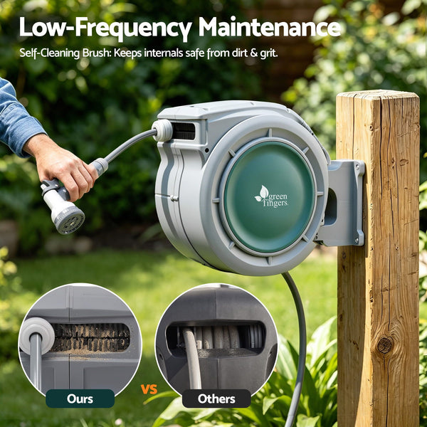 Green Fingers 10m Retractable Water Hose Reel, Wall Mounted Garden Hose 9-Pattern Nozzle Awezingly