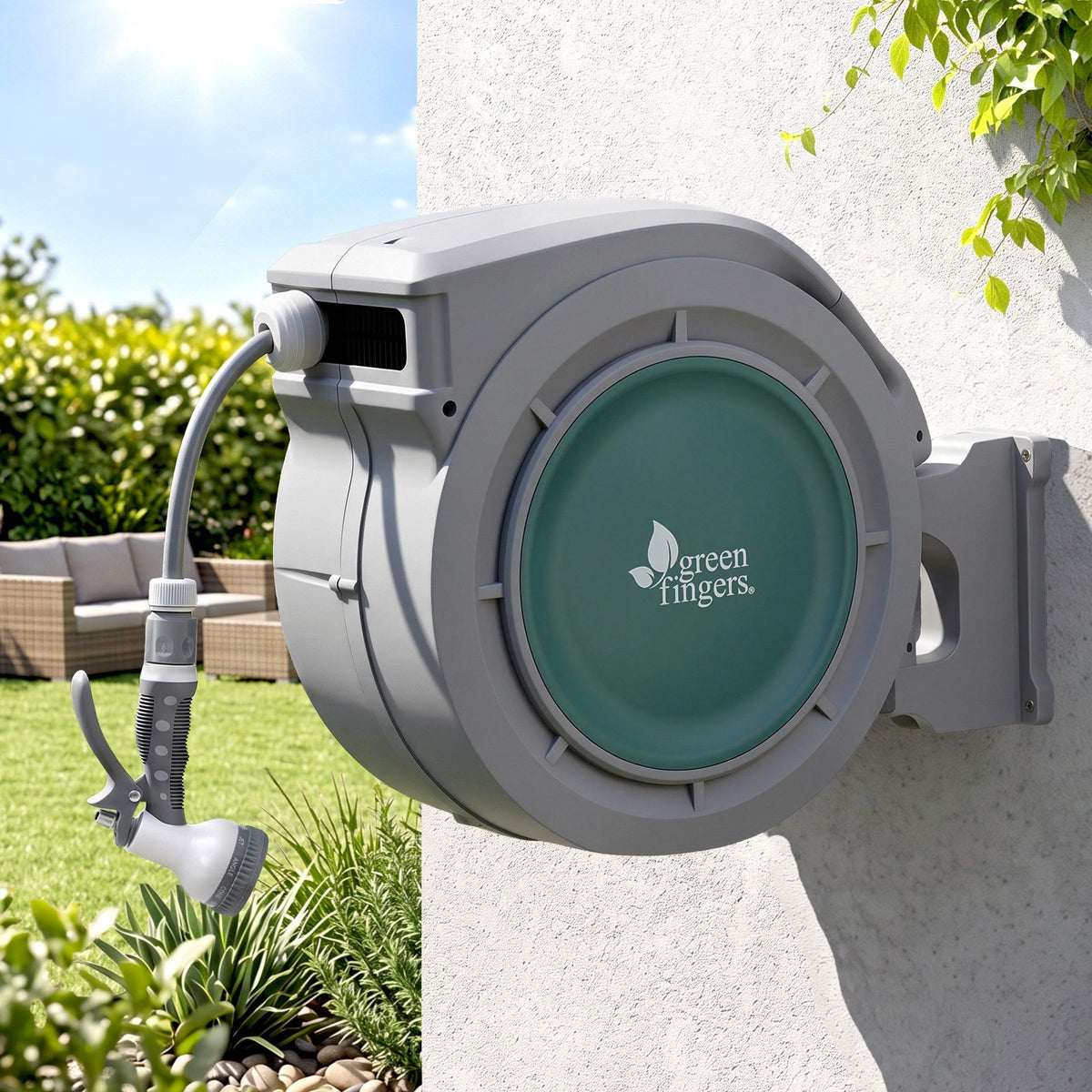 Green Fingers 20m Retractable Water Hose Reel, Wall Mounted Garden Hose 9-Pattern Nozzle Awezingly