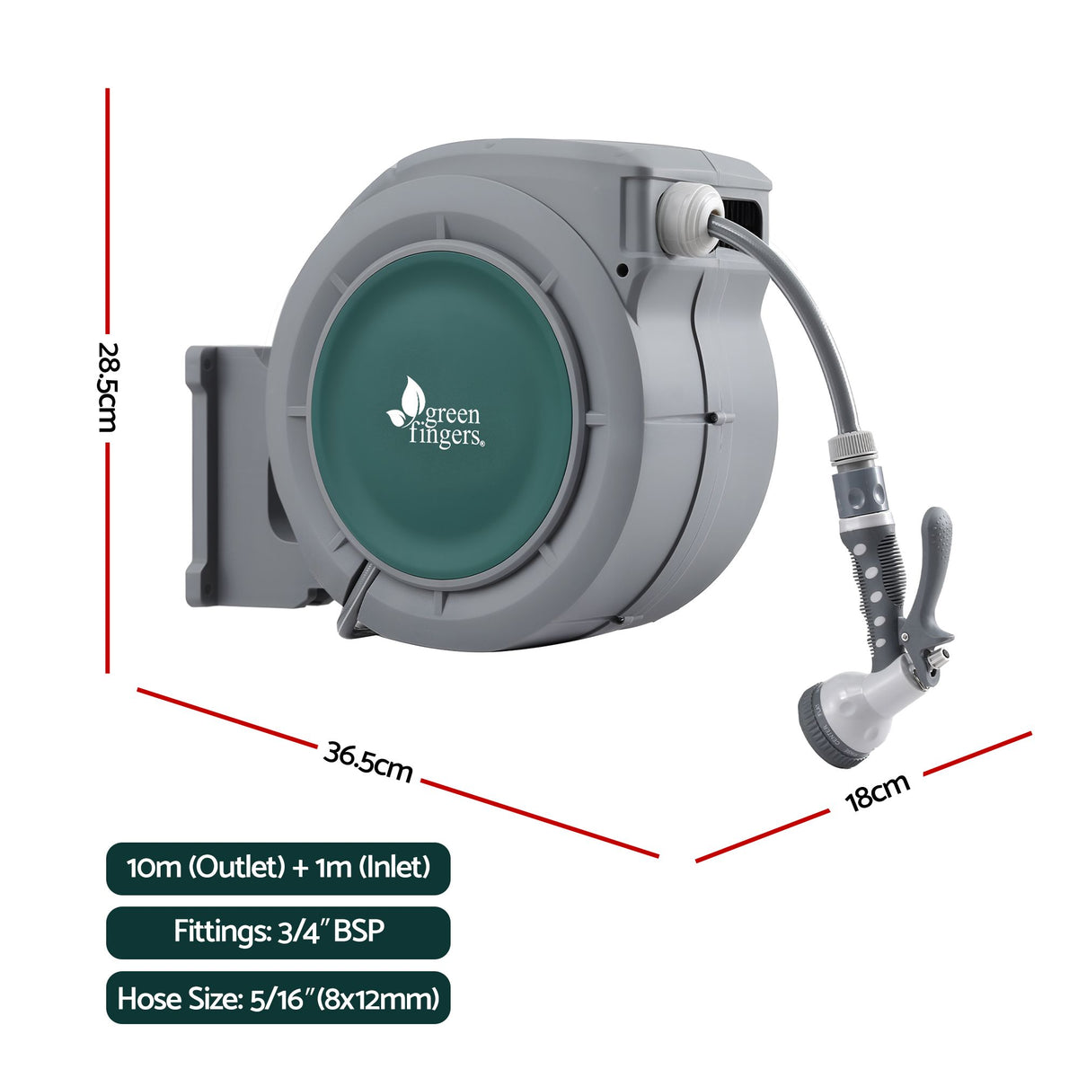 Green Fingers 20m Retractable Water Hose Reel, Wall Mounted Garden Hose 9-Pattern Nozzle Awezingly