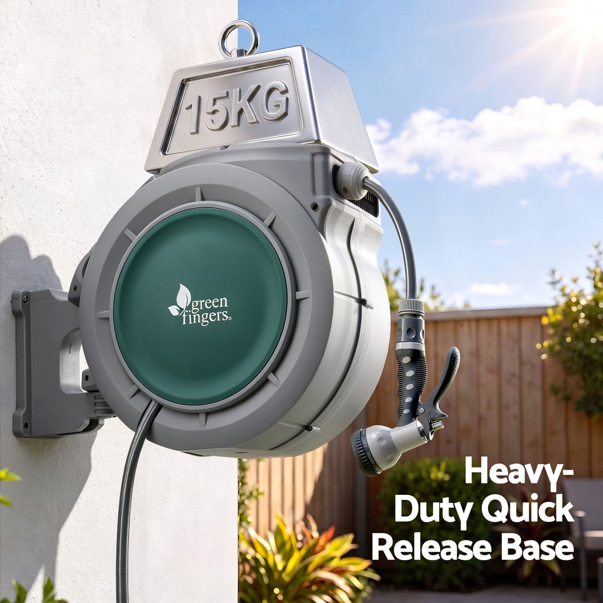 Green Fingers 20m Retractable Water Hose Reel, Wall Mounted Garden Hose 9-Pattern Nozzle Awezingly