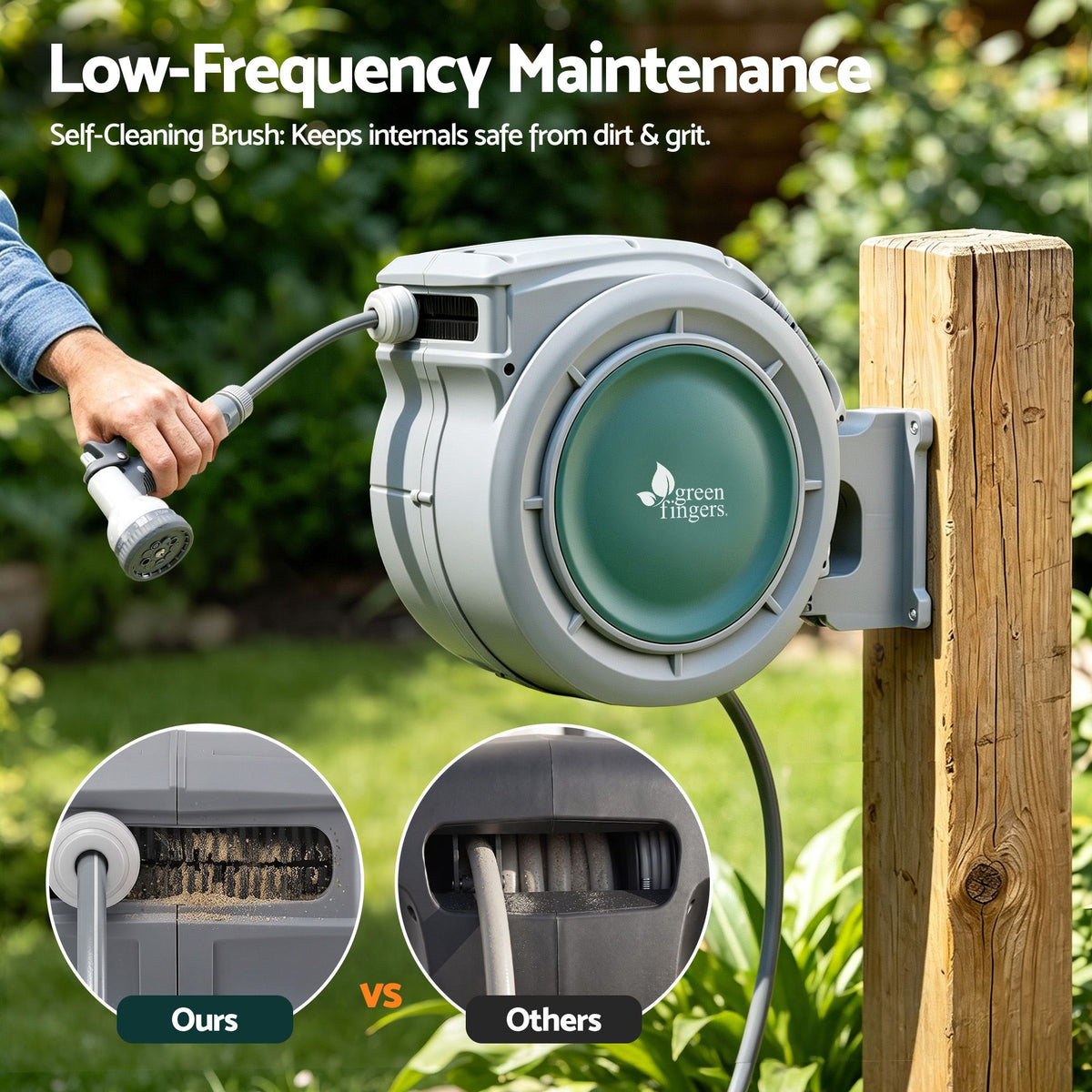 Green Fingers 20m Retractable Water Hose Reel, Wall Mounted Garden Hose 9-Pattern Nozzle Awezingly