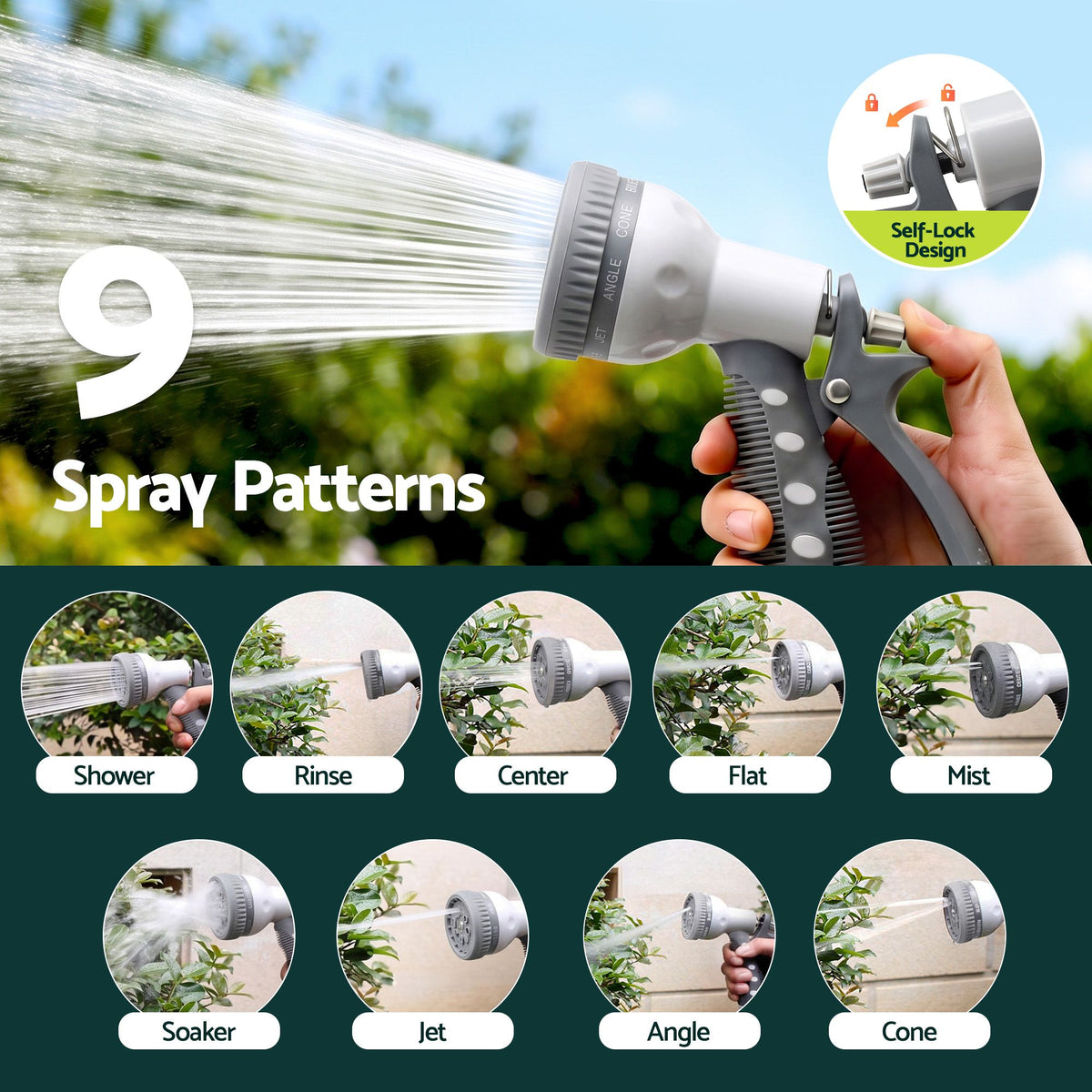 Green Fingers 20m Retractable Water Hose Reel, Wall Mounted Garden Hose 9-Pattern Nozzle Awezingly