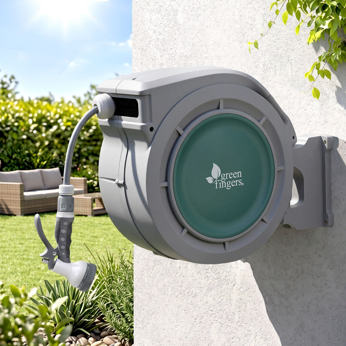 Green Fingers 30m Retractable Water Hose Reel, Wall Mounted Garden Hose 9-Pattern Nozzle Awezingly