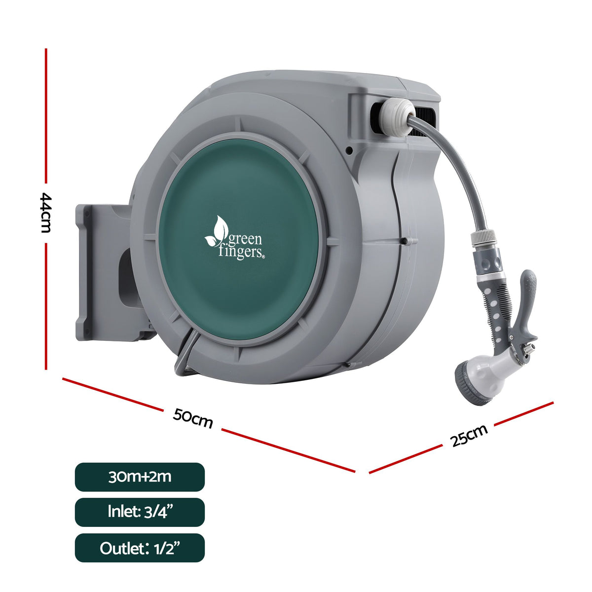 Green Fingers 30m Retractable Water Hose Reel, Wall Mounted Garden Hose 9-Pattern Nozzle Awezingly