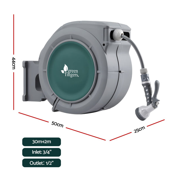 Green Fingers 30m Retractable Water Hose Reel, Wall Mounted Garden Hose 9-Pattern Nozzle Awezingly