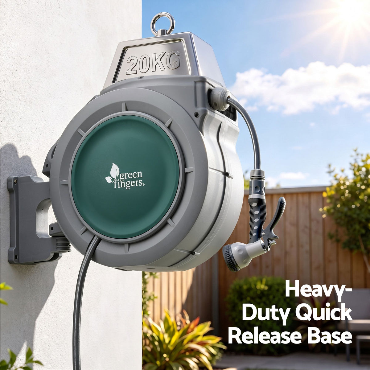 Green Fingers 30m Retractable Water Hose Reel, Wall Mounted Garden Hose 9-Pattern Nozzle Awezingly