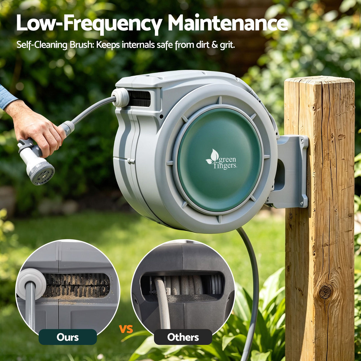 Green Fingers 30m Retractable Water Hose Reel, Wall Mounted Garden Hose 9-Pattern Nozzle Awezingly