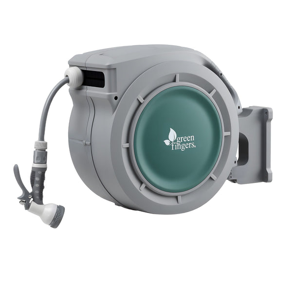 Green Fingers 30m Retractable Water Hose Reel, Wall Mounted Garden Hose 9-Pattern Nozzle Awezingly