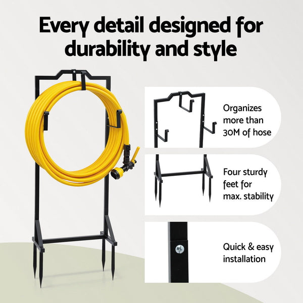 Green Fingers Garden Hose Holder Metal Portable Freestanding Hose Stand 4 Spikes Black Awezingly