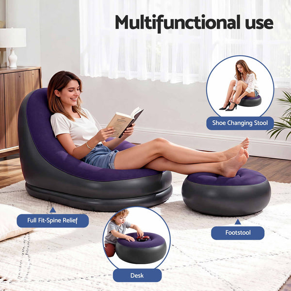 Gardeon Inflatable Chair with Ottoman Air Sofa Blow Up Air Chair for Camping with Pump Purple Awezingly