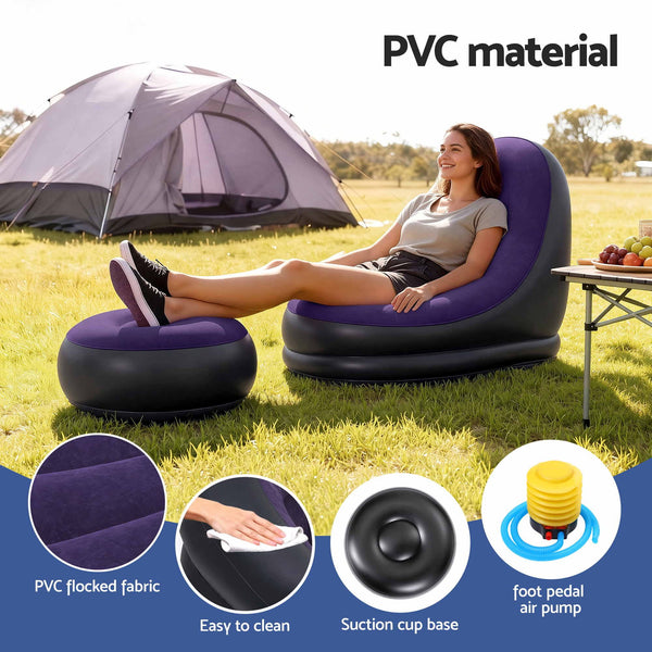 Gardeon Inflatable Chair with Ottoman Air Sofa Blow Up Air Chair for Camping with Pump Purple Awezingly
