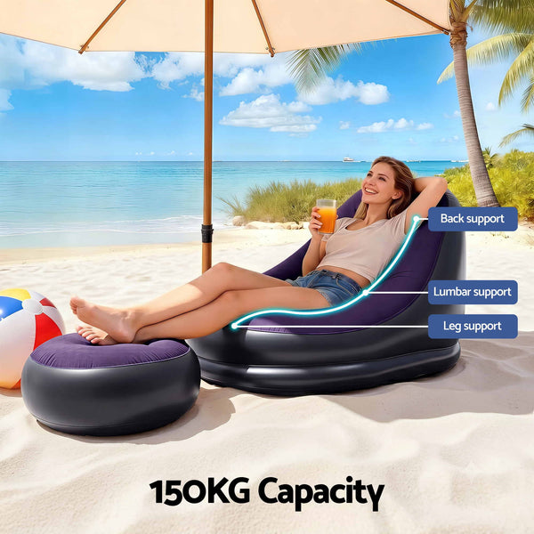 Gardeon Inflatable Chair with Ottoman Air Sofa Blow Up Air Chair for Camping with Pump Purple Awezingly