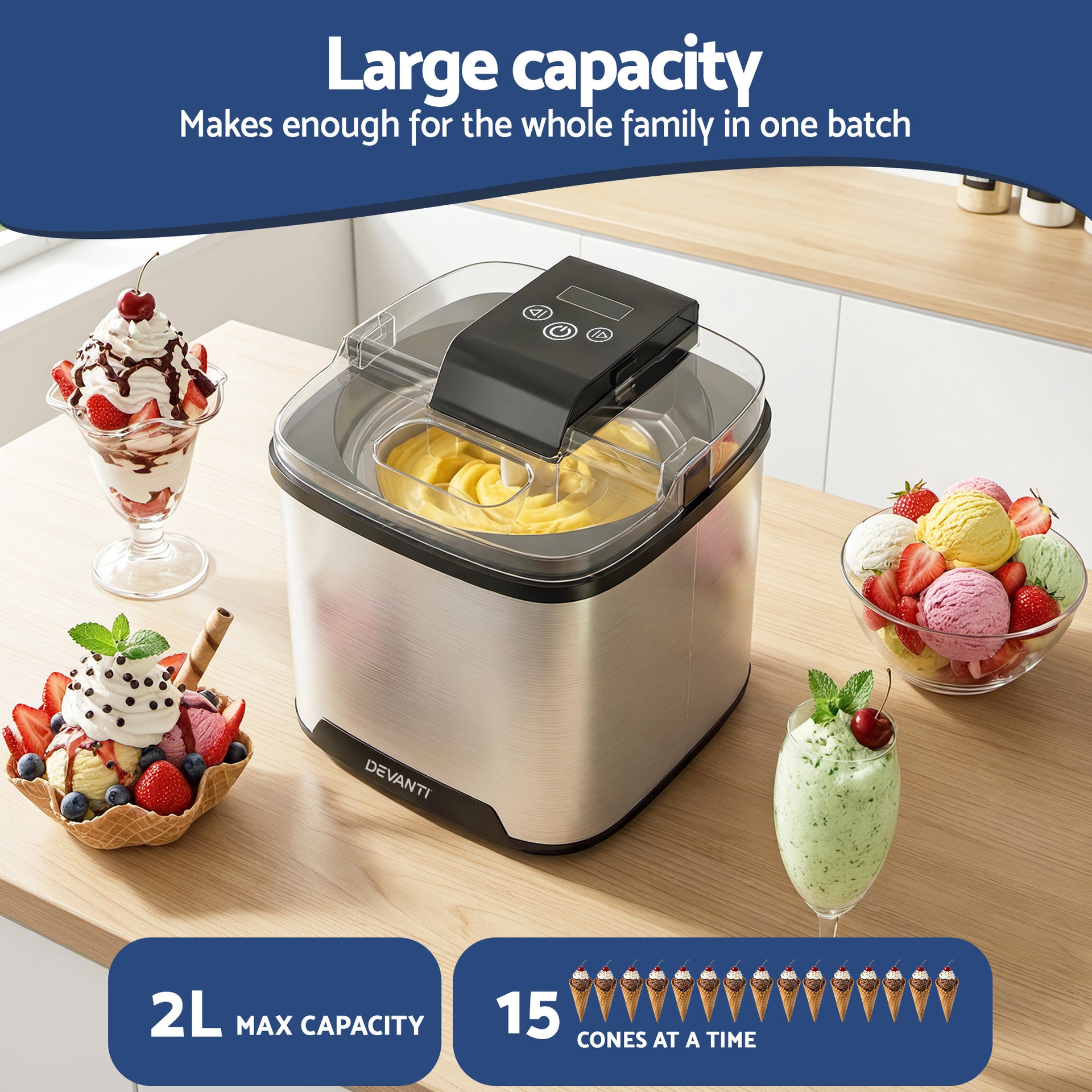Devanti Ice Cream Maker Machine 2L Homemade Gelato Sorbet Frozen Drinks Sliver Awezingly