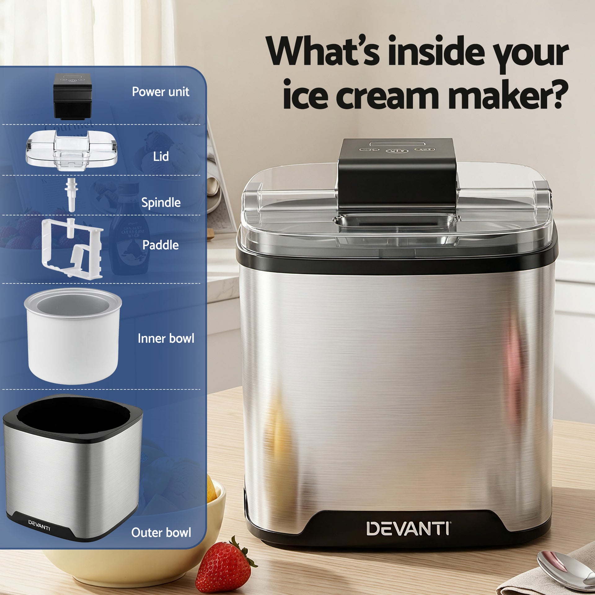 Devanti Ice Cream Maker Machine 2L Homemade Gelato Sorbet Frozen Drinks Sliver Awezingly