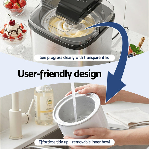 Devanti Ice Cream Maker Machine 2L Homemade Gelato Sorbet Frozen Drinks Sliver Awezingly