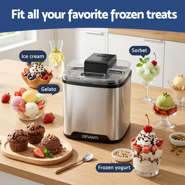 Devanti Ice Cream Maker Machine 2L Homemade Gelato Sorbet Frozen Drinks Sliver Awezingly