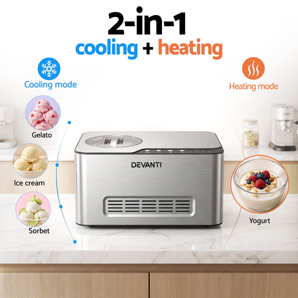 Devanti 2L 2-in-1 Ice Cream & Yogurt Maker Machine No Pre-Freezing Homemade Gelato Sorbet Awezingly