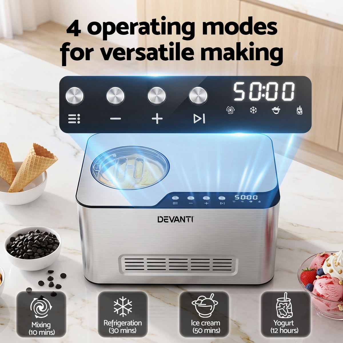 Devanti 2L 2-in-1 Ice Cream & Yogurt Maker Machine No Pre-Freezing Homemade Gelato Sorbet Awezingly