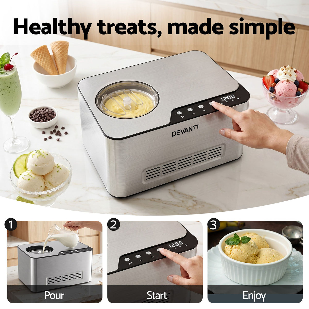 Devanti 2L 2-in-1 Ice Cream & Yogurt Maker Machine No Pre-Freezing Homemade Gelato Sorbet Awezingly