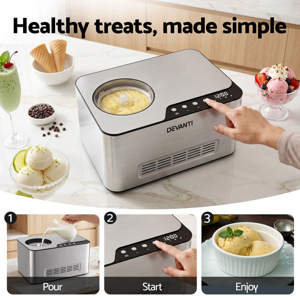 Devanti 2L 2-in-1 Ice Cream & Yogurt Maker Machine No Pre-Freezing Homemade Gelato Sorbet Awezingly