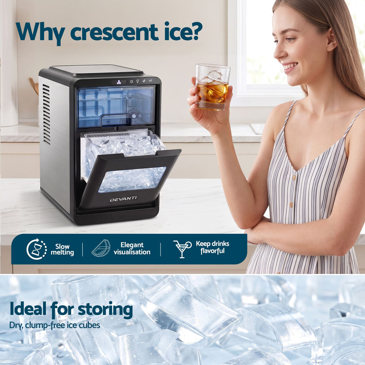 Devanti Ice Maker Crescent Ice 16pcs Countertop Machine 12KG/24H for Home Awezingly