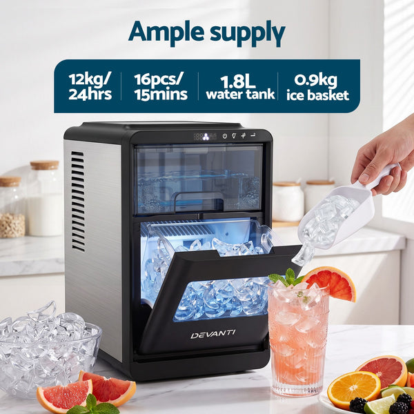 Devanti Ice Maker Crescent Ice 16pcs Countertop Machine 12KG/24H for Home Awezingly
