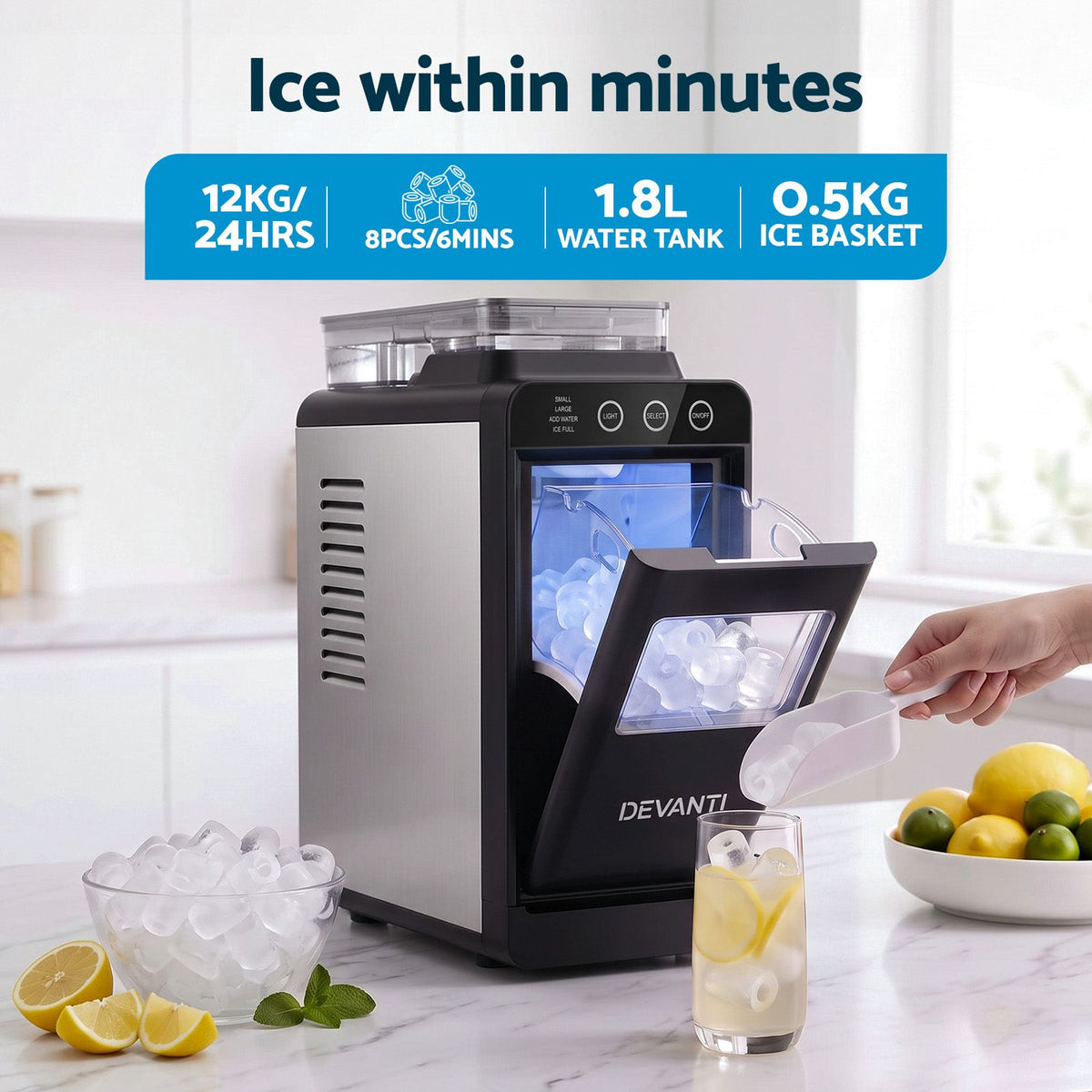 Devanti Ice Maker Ice Slim Compact Countertop Machine 12KG/24H for Home Awezingly