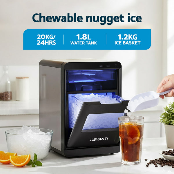 Devanti Ice Maker Machine 20kg Chewable Nugget Ice Countertop w/Self Cleaning Devanti