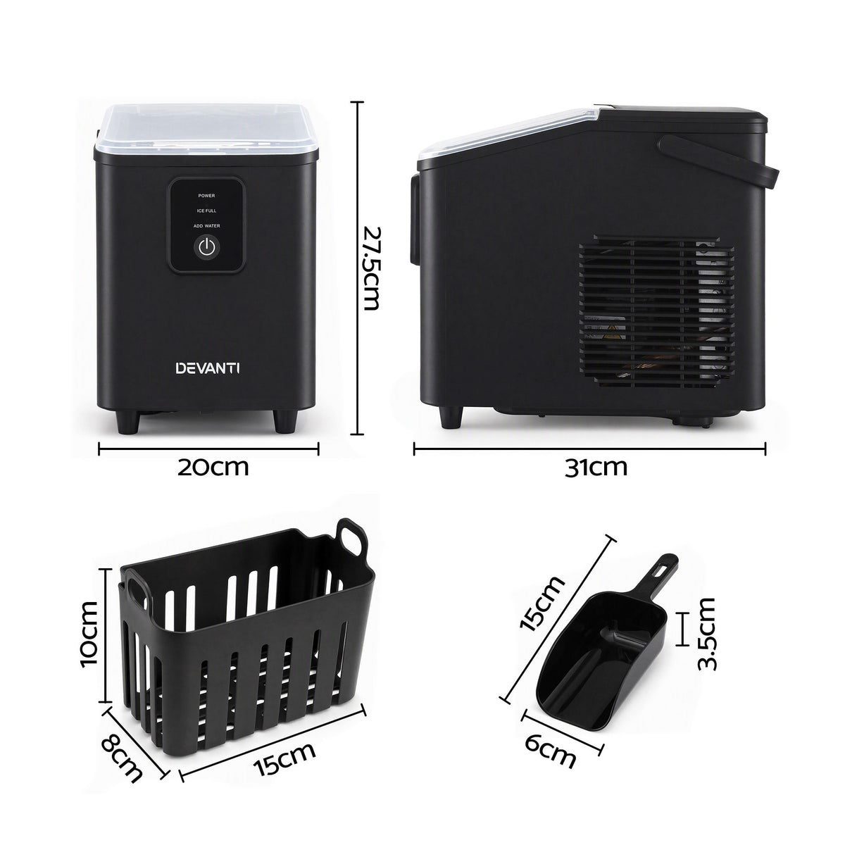 Devanti Ice Maker 11-12kg Portable Bullet Cube Machine Black Awezingly