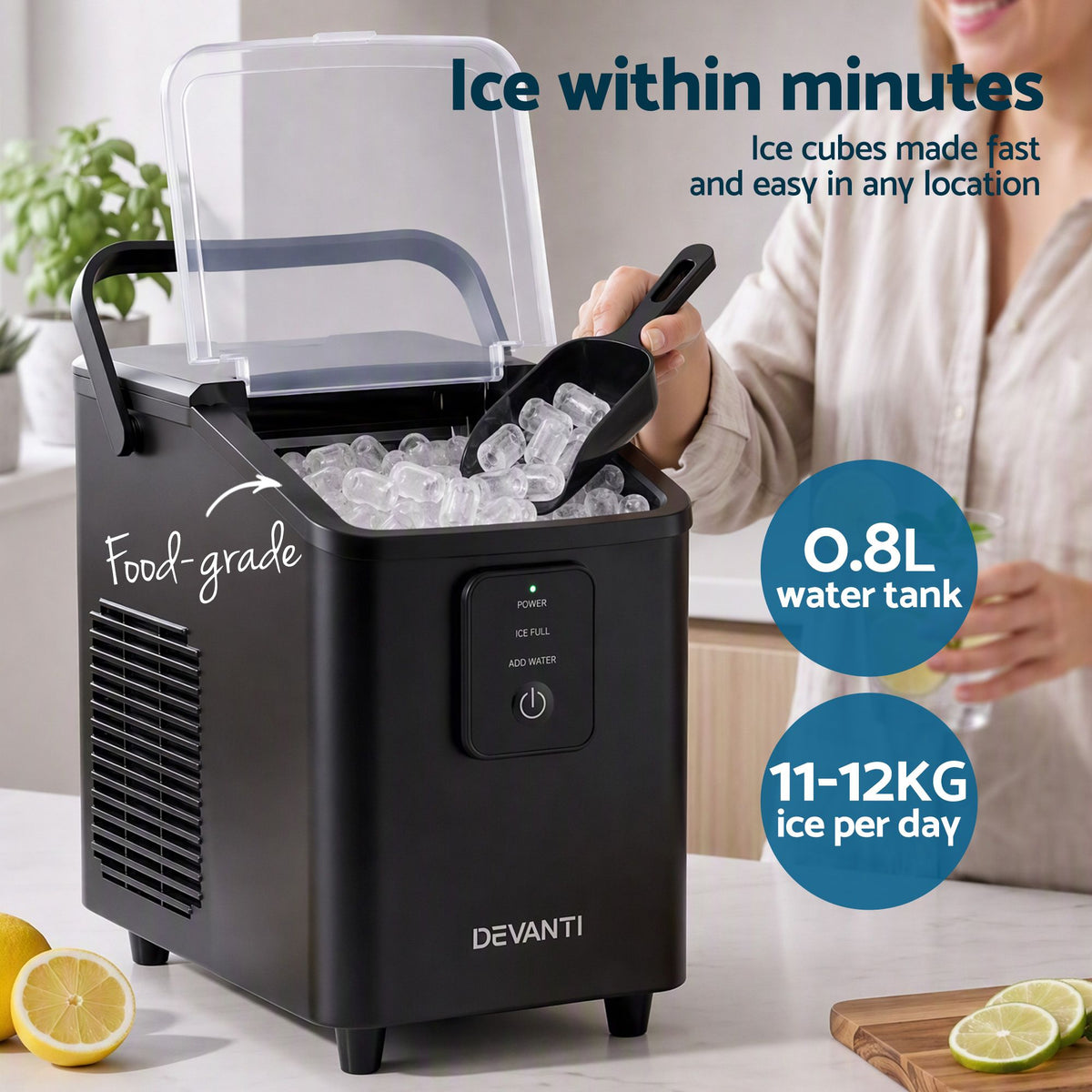 Devanti Ice Maker 11-12kg Portable Bullet Cube Machine Black Awezingly