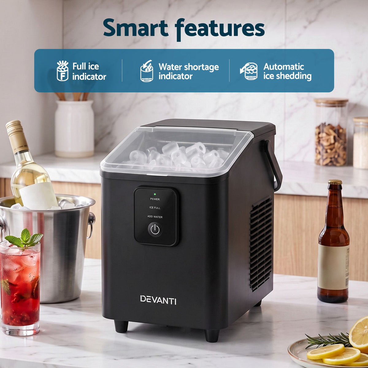 Devanti Ice Maker 11-12kg Portable Bullet Cube Machine Black Awezingly