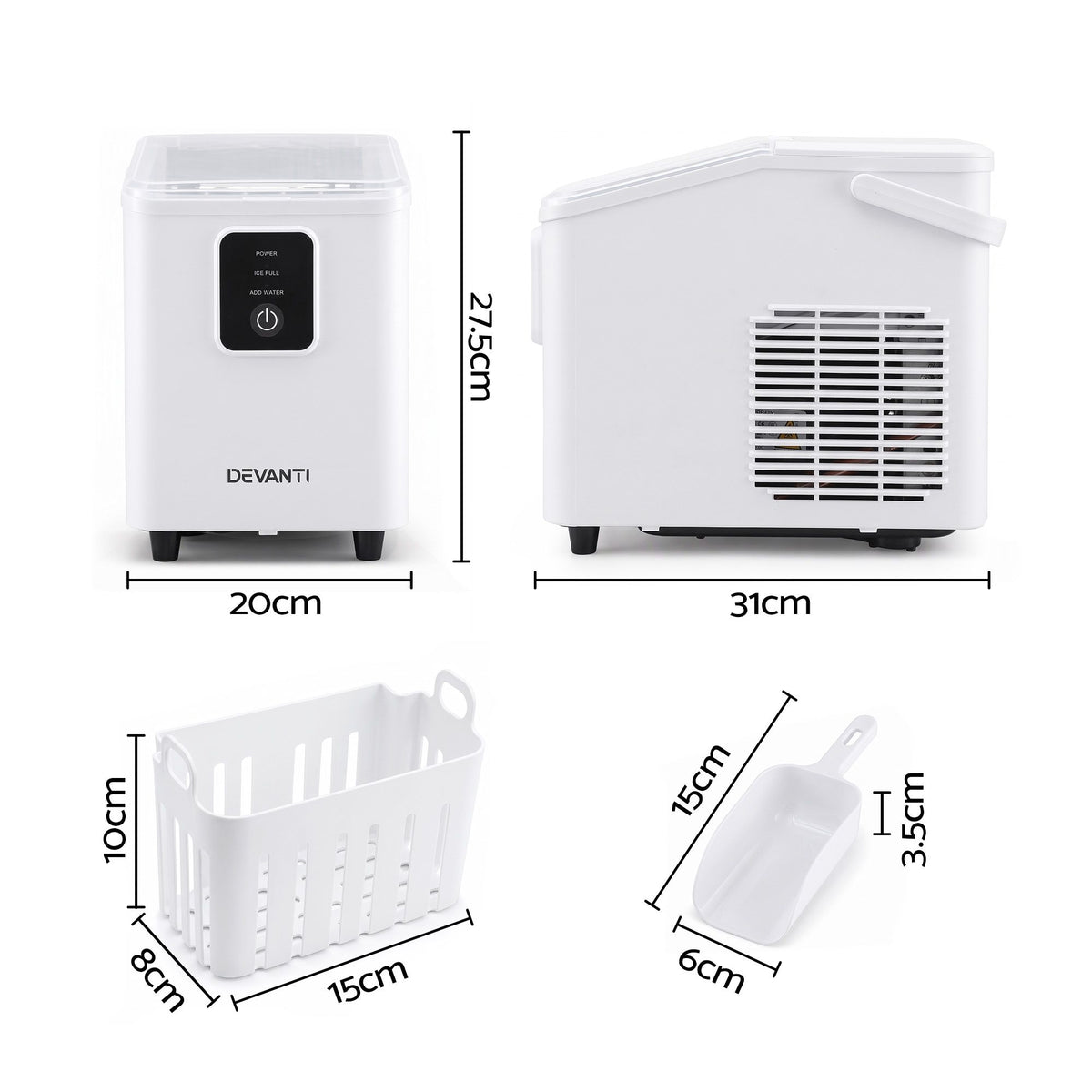 Devanti Ice Maker 11-12kg Portable Bullet Cube Machine White Awezingly