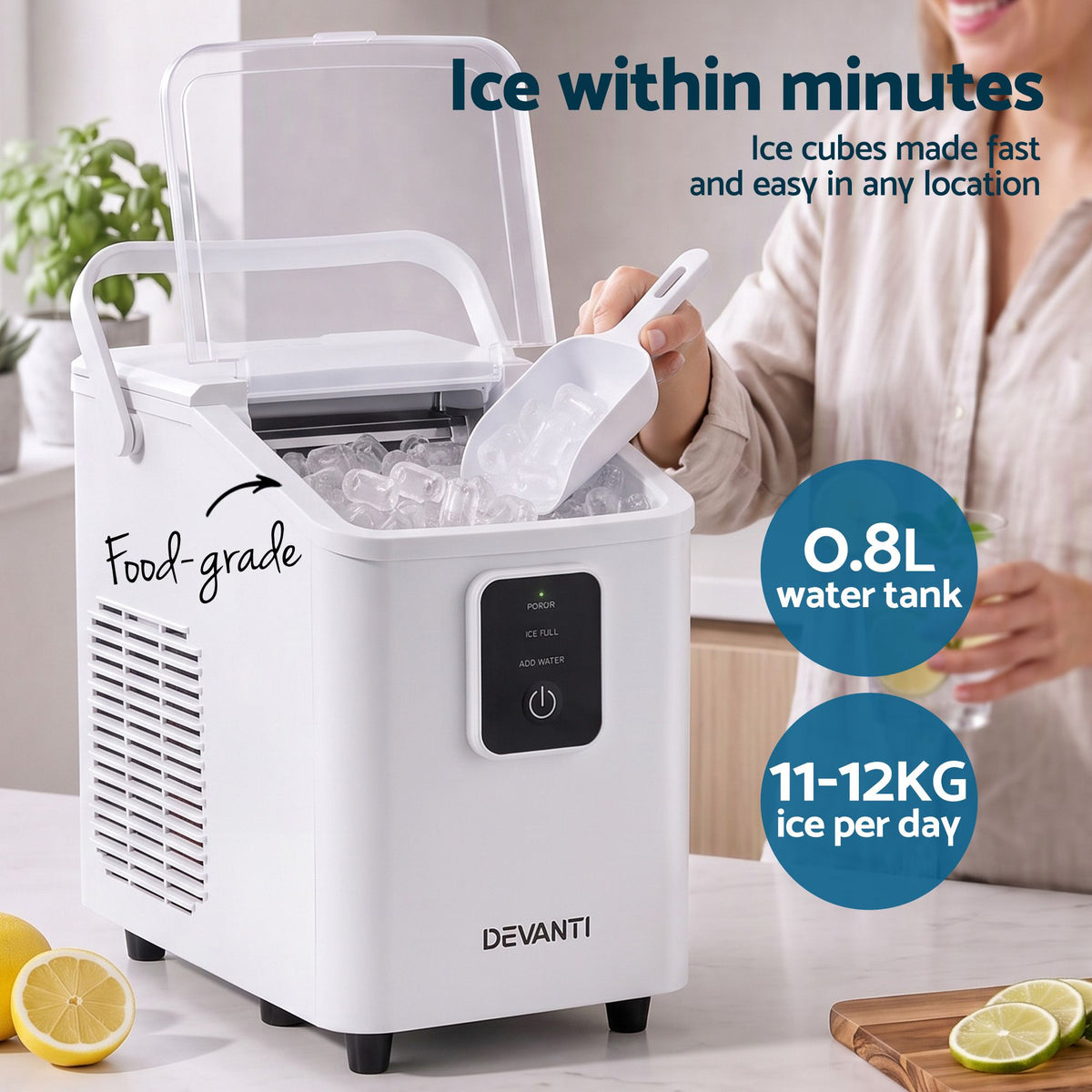 Devanti Ice Maker 11-12kg Portable Bullet Cube Machine White Awezingly