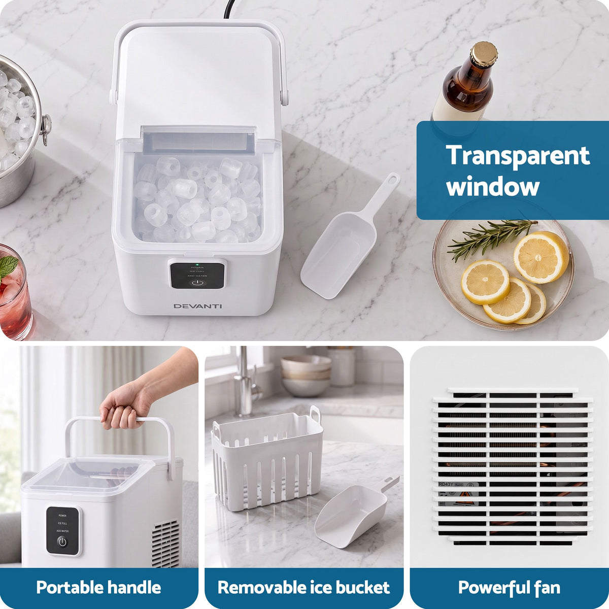 Devanti Ice Maker 11-12kg Portable Bullet Cube Machine White Awezingly
