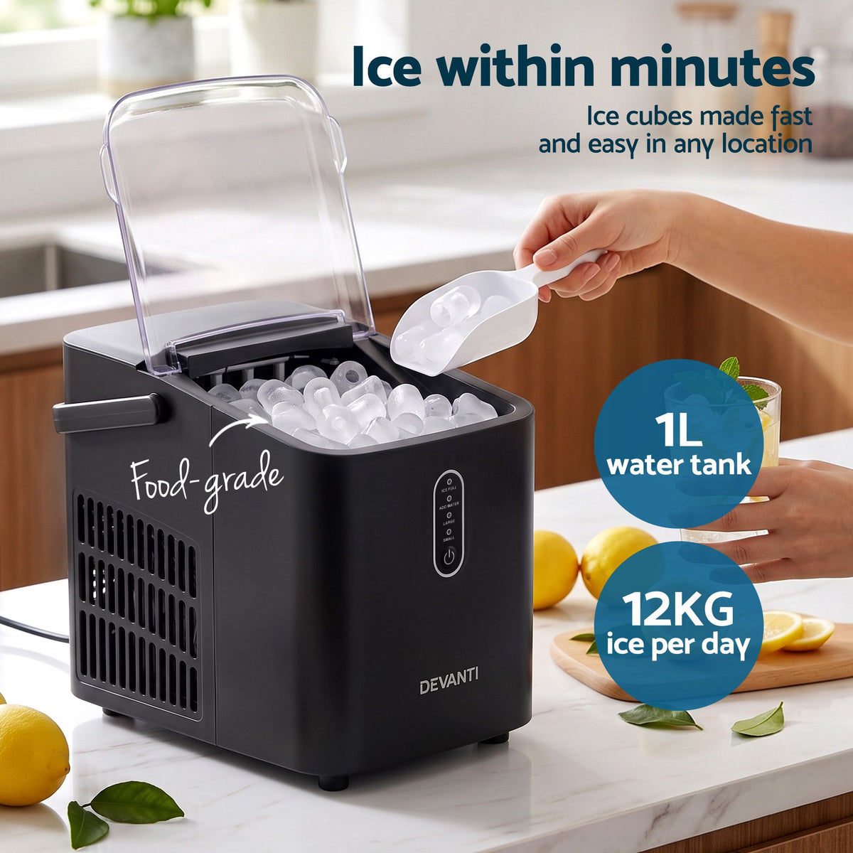 Devanti Ice Maker Portable Ice Machine Countertop Bullet Cube 12KG Black Awezingly