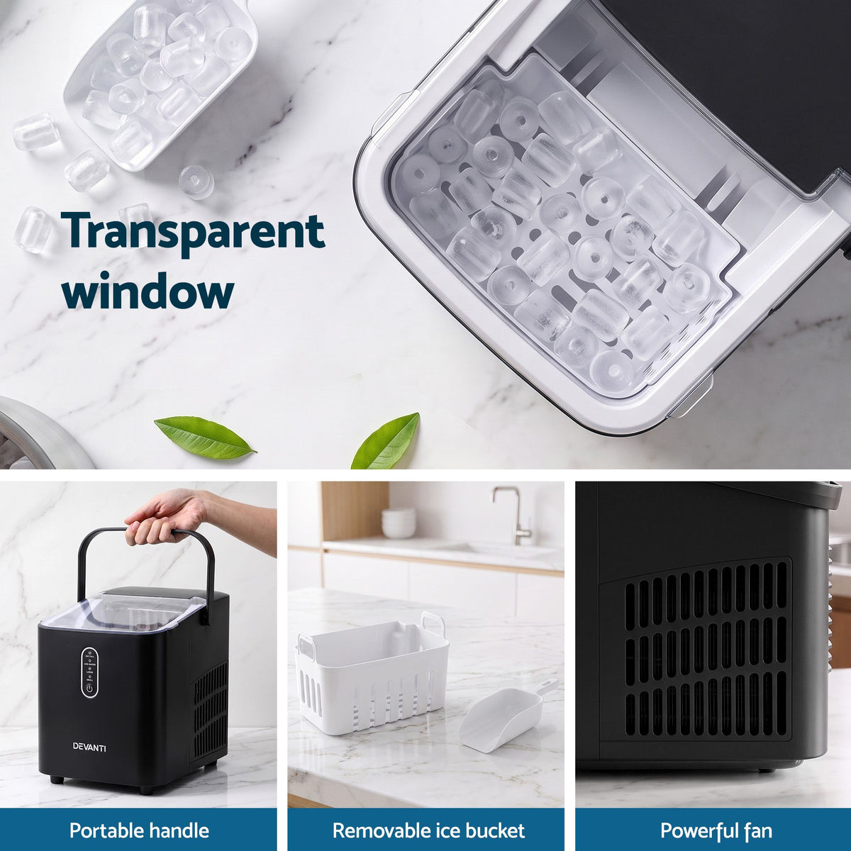 Devanti Ice Maker Portable Ice Machine Countertop Bullet Cube 12KG Black Awezingly