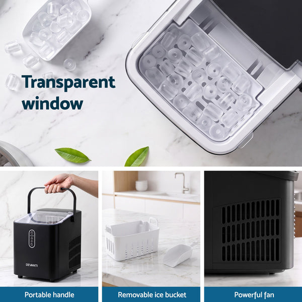 Devanti Ice Maker Portable Ice Machine Countertop Bullet Cube 12KG Black Awezingly