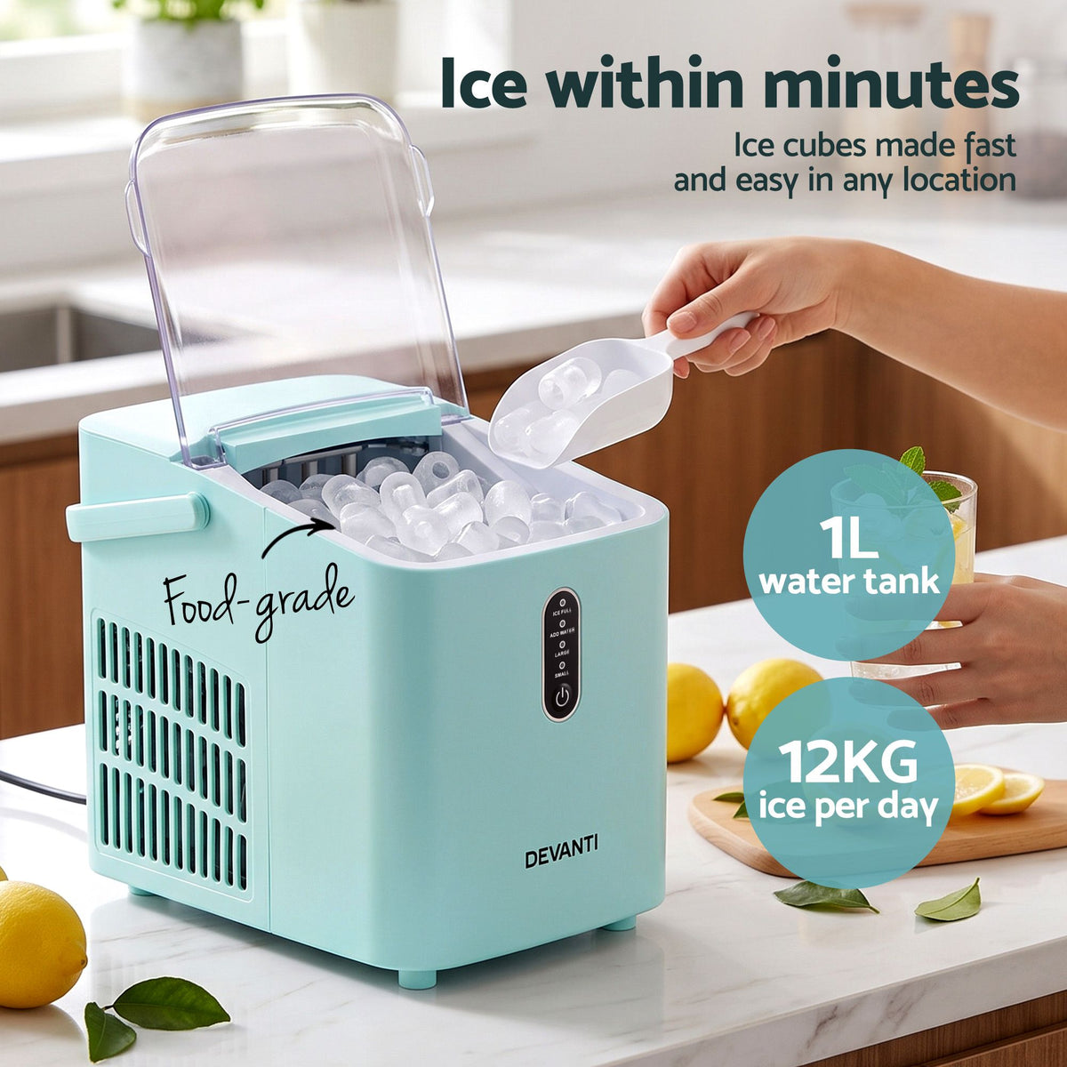 Devanti 12KG Ice Maker Machine Bullet Ice Cube Portable Green Awezingly