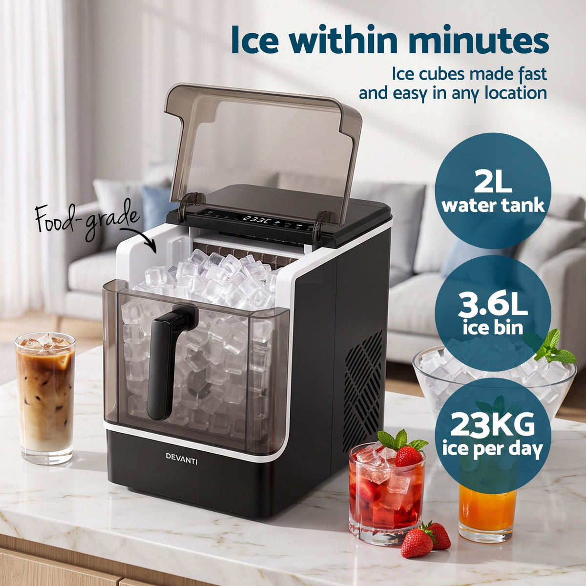 Devanti Ice Maker 23kg Portable Basket Square Cube Machine Black Awezingly