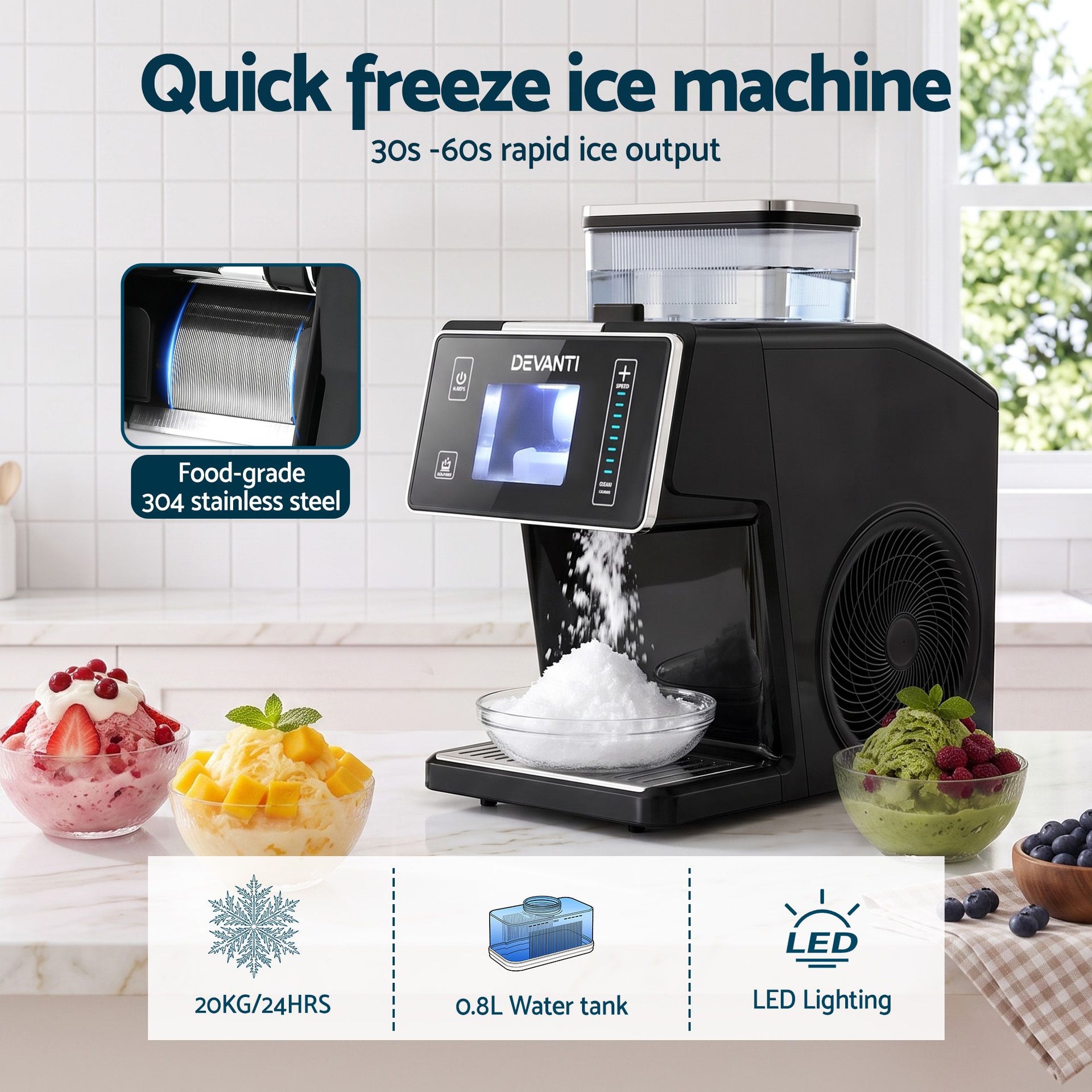 Devanti 20kg/24hr Ice Maker Snowflake Shaved Ice Slushie Maker Black Awezingly