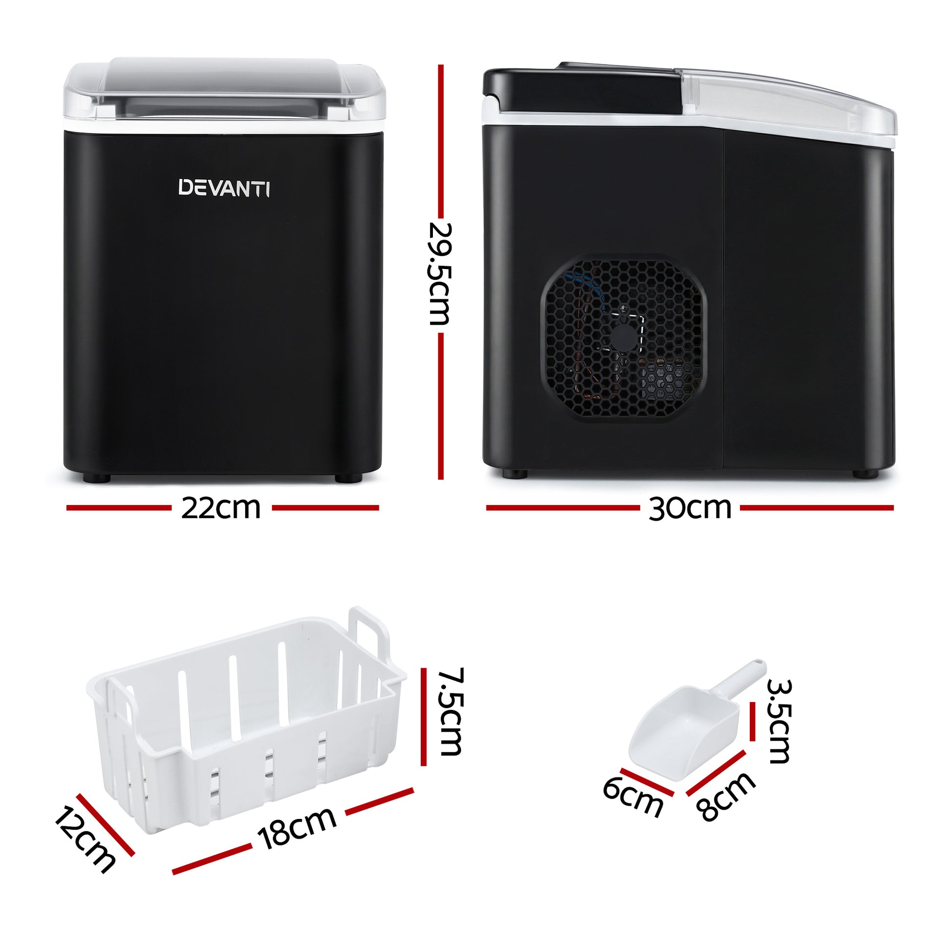 Devanti Ice Maker Machine Portable 12kg Countertop w/Self Cleaning 1.2L Black Awezingly