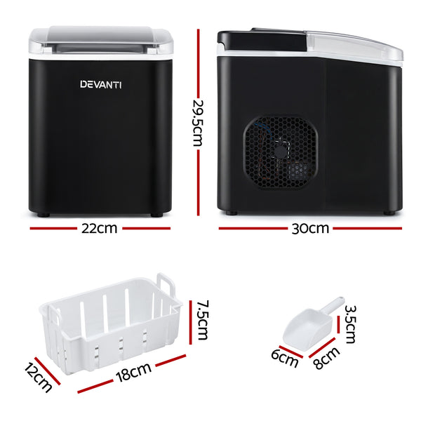 Devanti Ice Maker Machine Portable 12kg Countertop w/Self Cleaning 1.2L Black Awezingly
