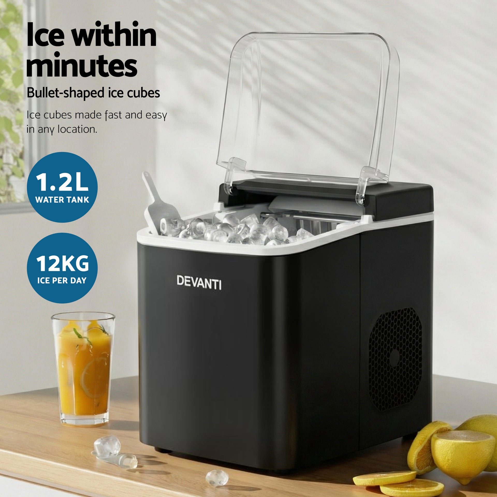 Devanti Ice Maker Machine Portable 12kg Countertop w/Self Cleaning 1.2L Black Awezingly
