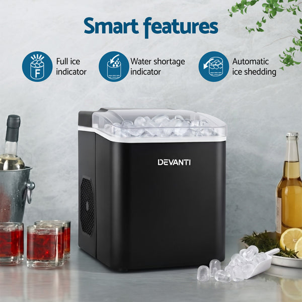 Devanti Ice Maker Machine Portable 12kg Countertop w/Self Cleaning 1.2L Black Awezingly