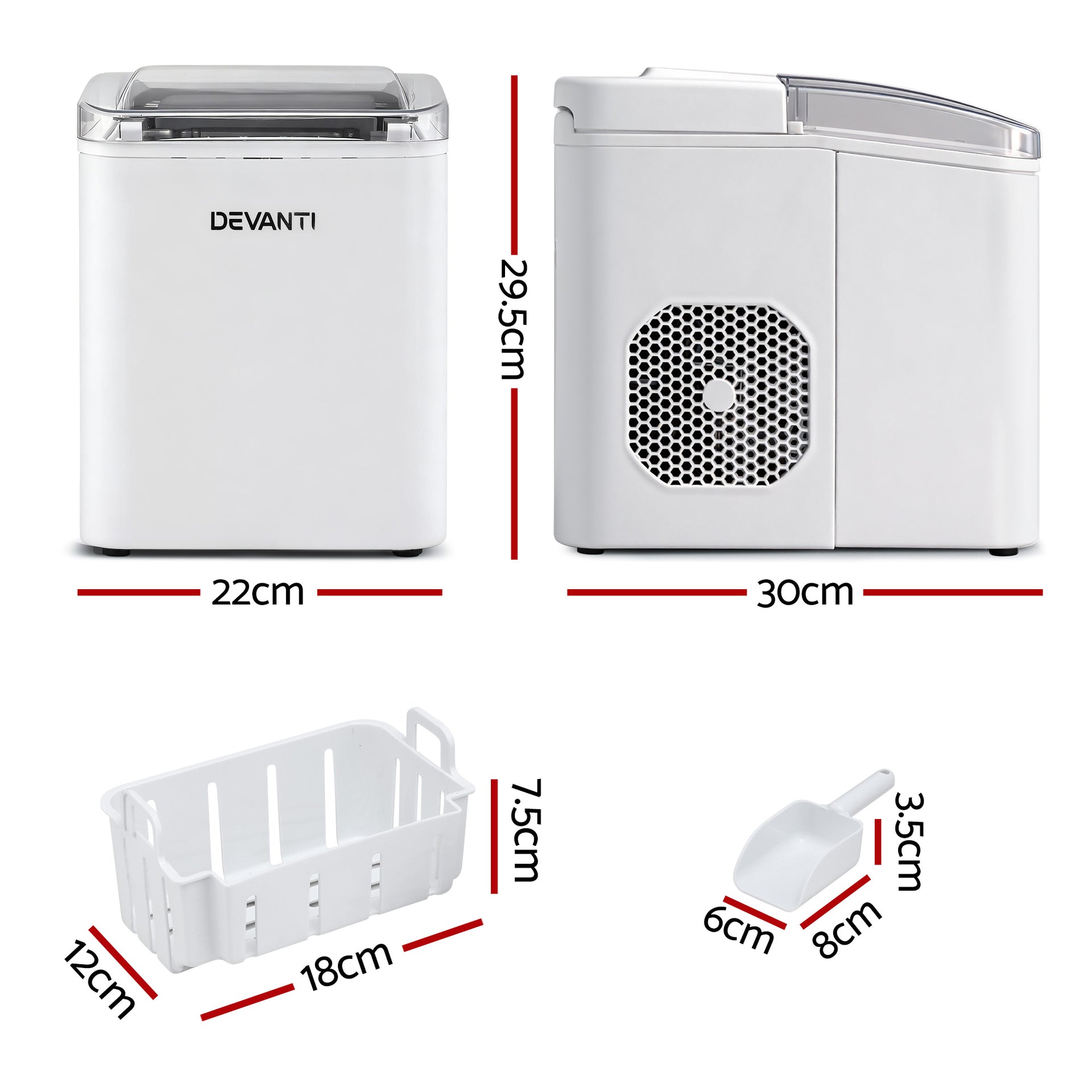 Devanti Ice Maker Machine Portable 12kg Countertop w/Self Cleaning 1.2L White Awezingly