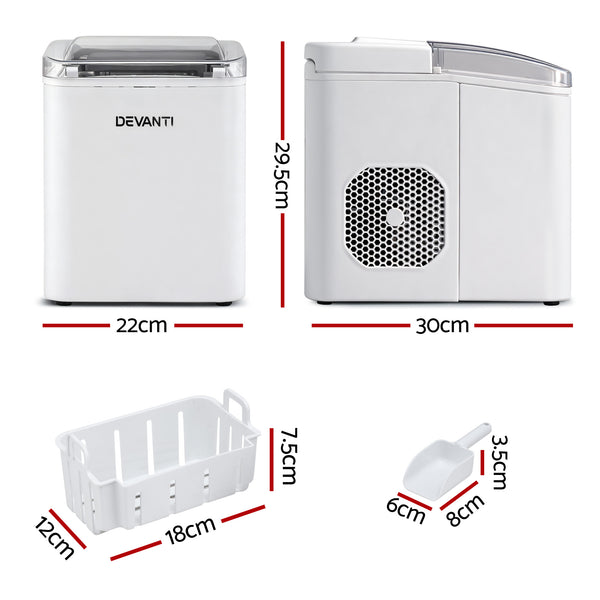 Devanti Ice Maker Machine Portable 12kg Countertop w/Self Cleaning 1.2L White Awezingly