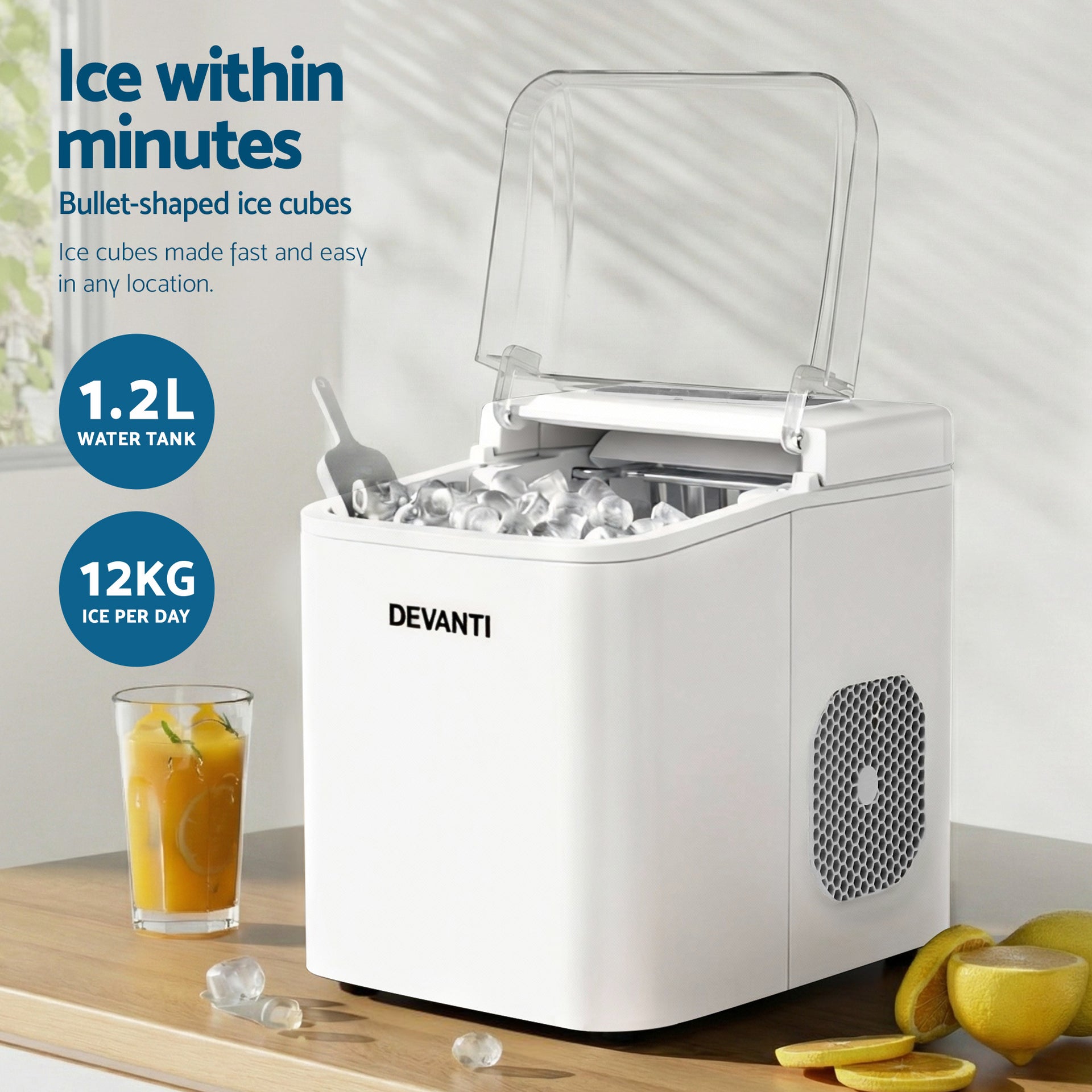 Devanti Ice Maker Machine Portable 12kg Countertop w/Self Cleaning 1.2L White Awezingly
